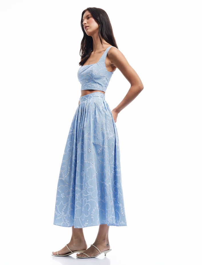  Pamuklu Astarlı Brodeli Pileli Fisto Uzun Çiçekli Kloş Etek