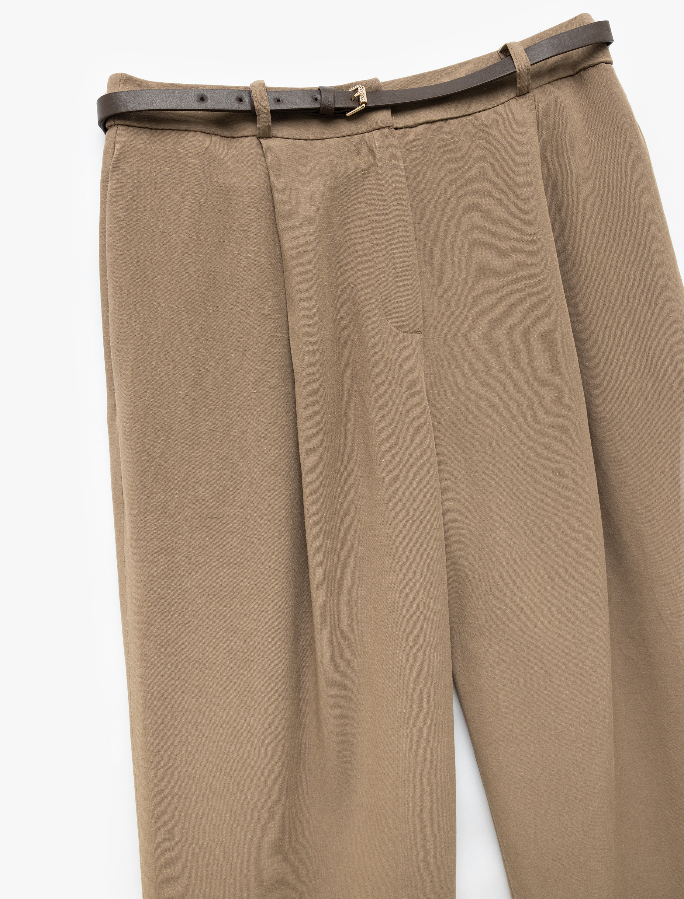   Kemerli Yüksek Bel Geniş Paça Keten Karışımlı Pantolon