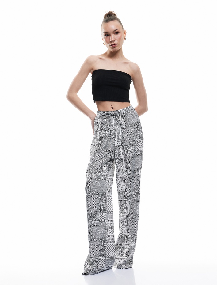  Beli Bağcıklı Düz Paça Viskon Pantolon