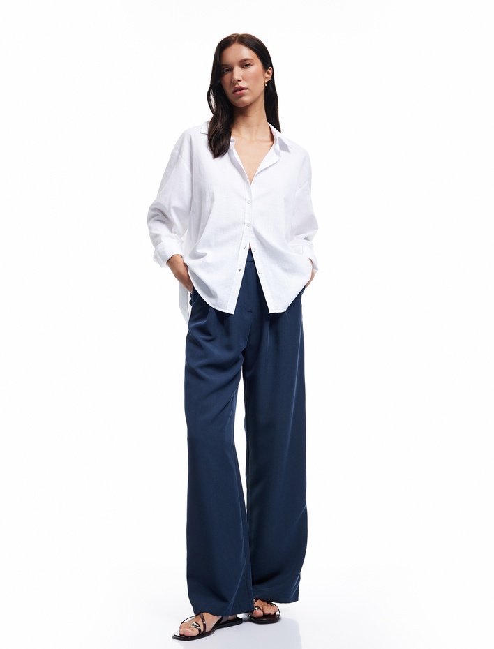  Modal Kumaş Bol Kalıp Cepli Pile Detaylı Geniş Paça Pantolon