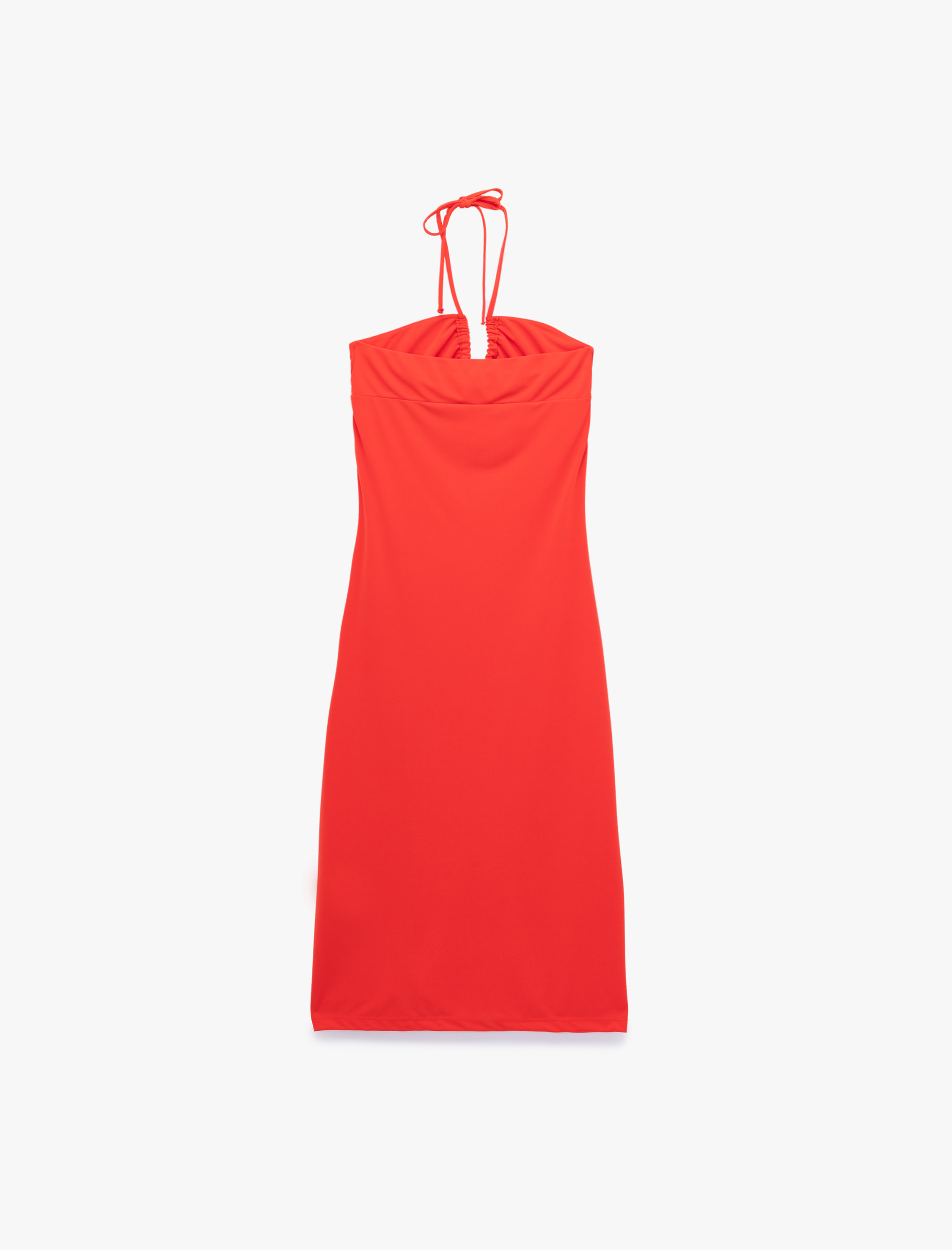   Koton X Sibil Çetinkaya - Boyundan Bağlama Detaylı Drapeli Yırtmaçlı Straplez Midi Elbise