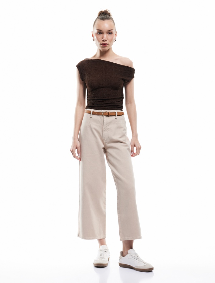  Düğmeli Kesik Geniş Paça Kemerli Pantolon - Wide Leg Jeans