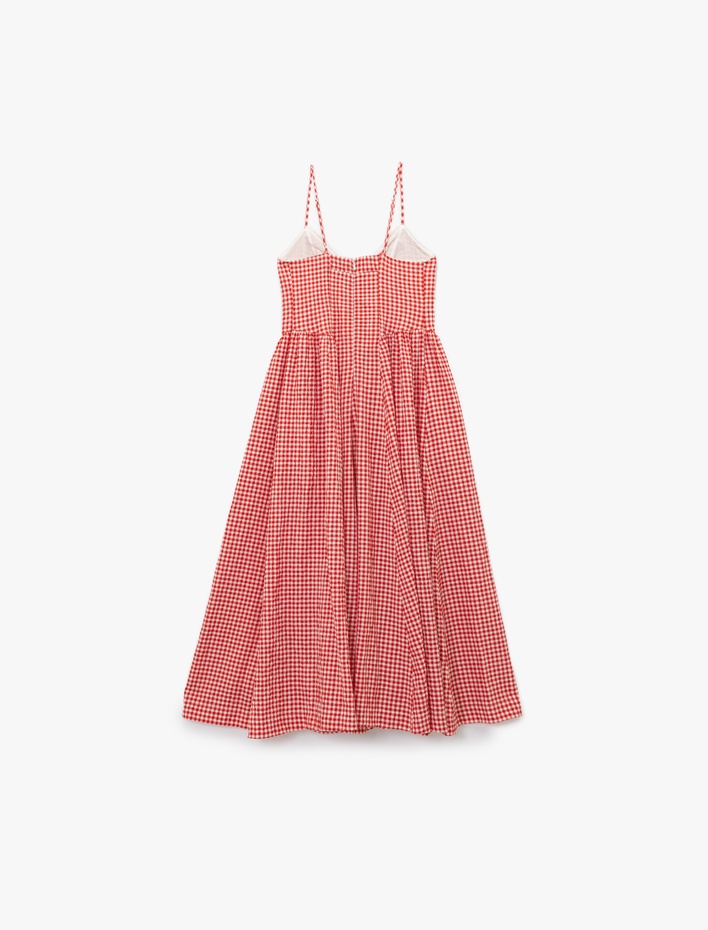  Koton X Sibil Çetinkaya - Astarlı Pötikareli İnce Askılı Kloş Midi Elbise