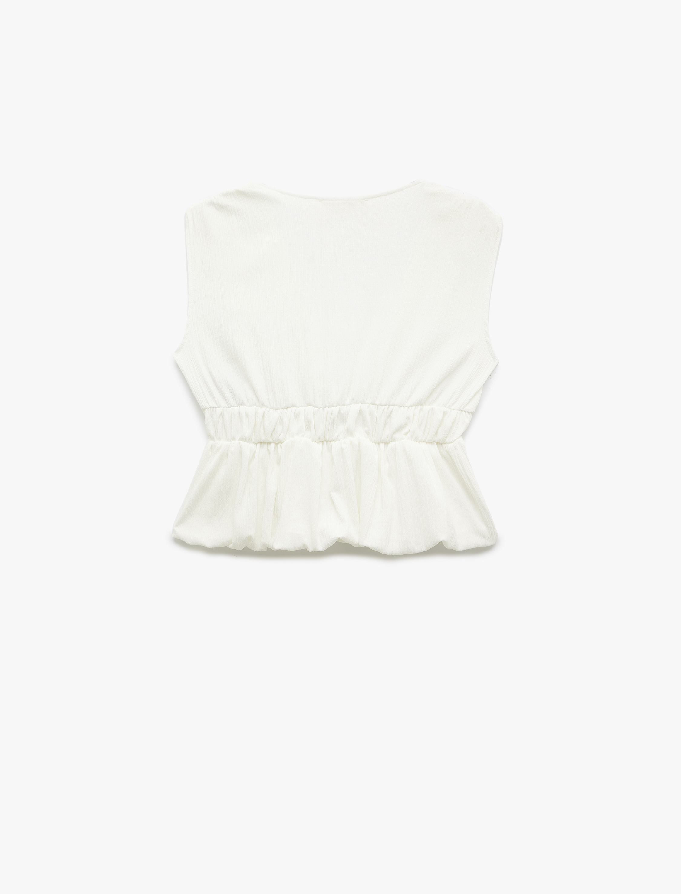   Bürümcük Kumaş Slim Fit Lastik Detaylı V Yaka Kolsuz Fiyonklu Bluz