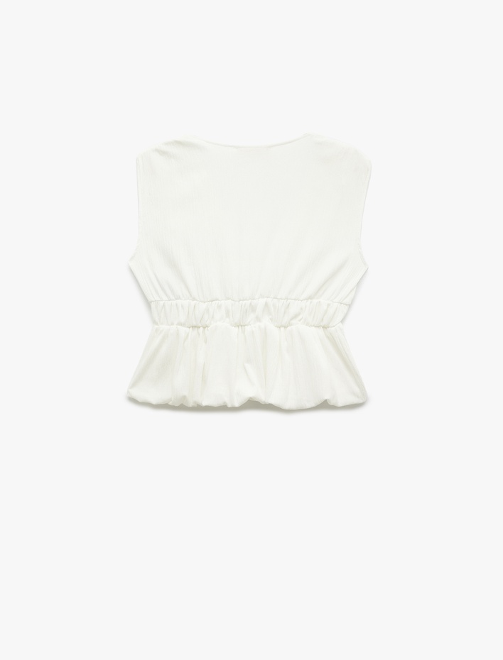  Bürümcük Kumaş Slim Fit Lastik Detaylı V Yaka Kolsuz Fiyonklu Bluz