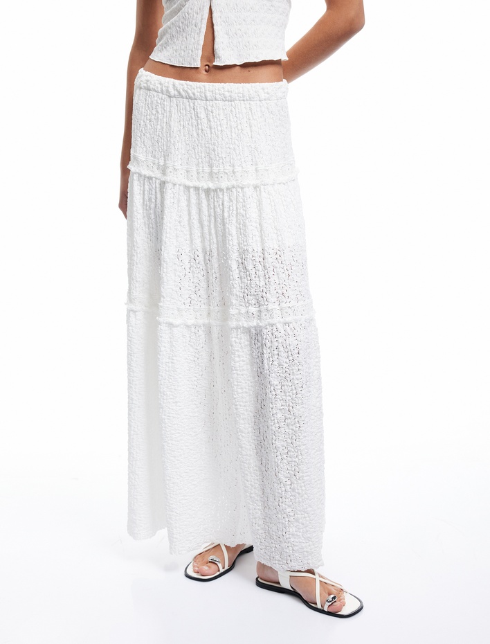  Standart Bel Astarlı Kat Detaylı Uzun Dantelli Etek