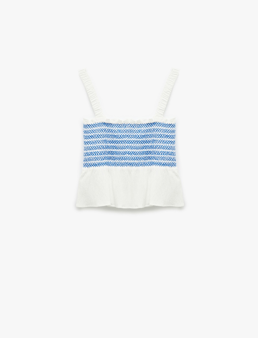   Gipeli Brodeli Fisto Detaylı Kare Yaka Askılı Crop Bluz