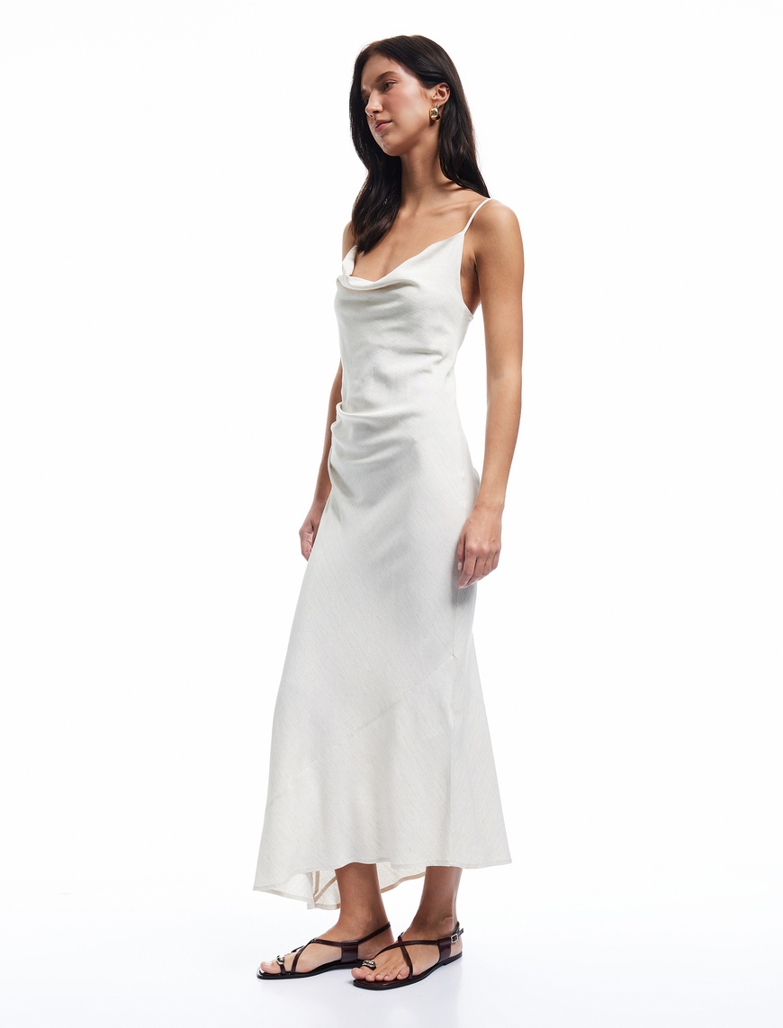   Keten Karışımlı Drape Detaylı Askılı Uzun Degaje Yaka Elbise