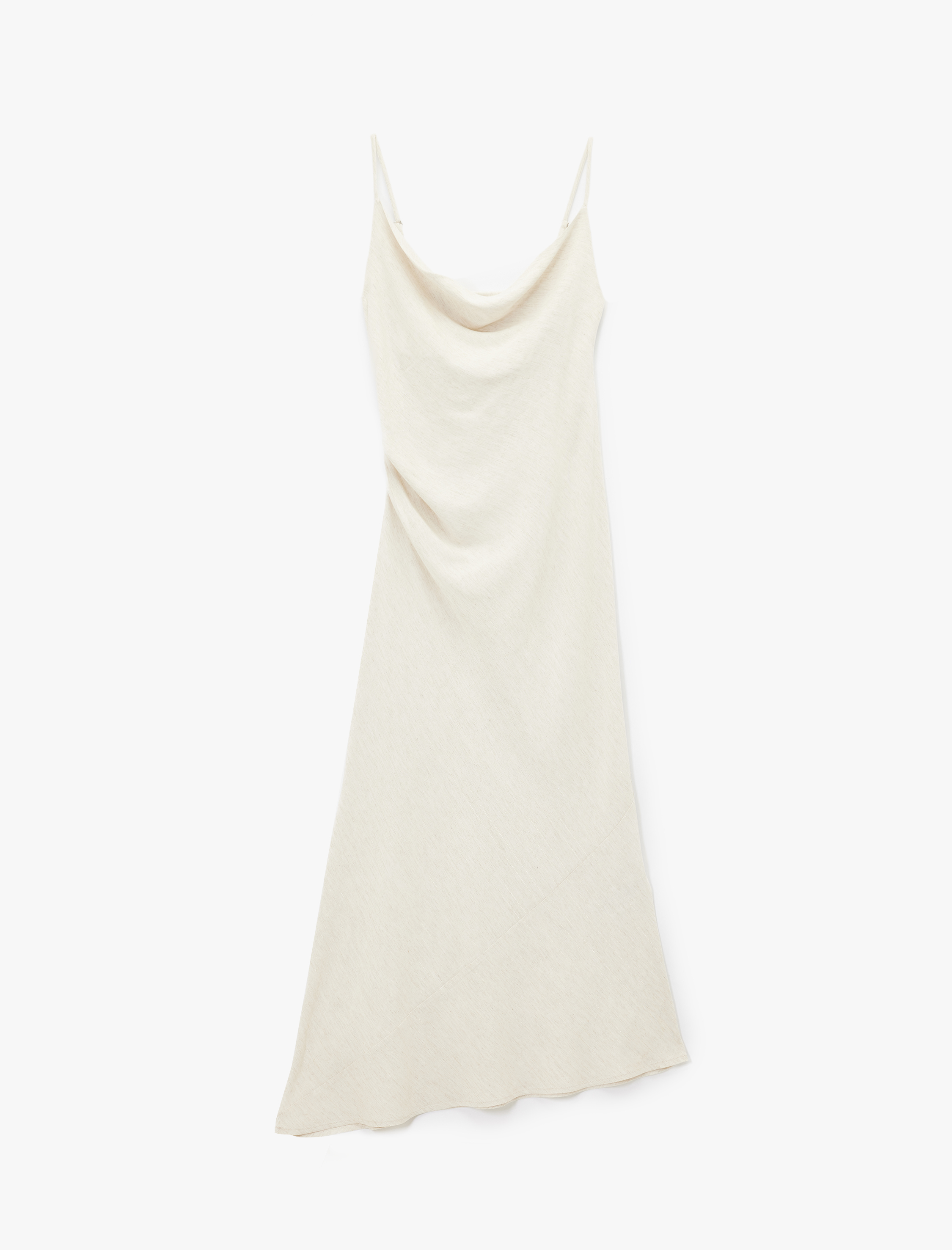   Keten Karışımlı Drape Detaylı Askılı Uzun Degaje Yaka Elbise