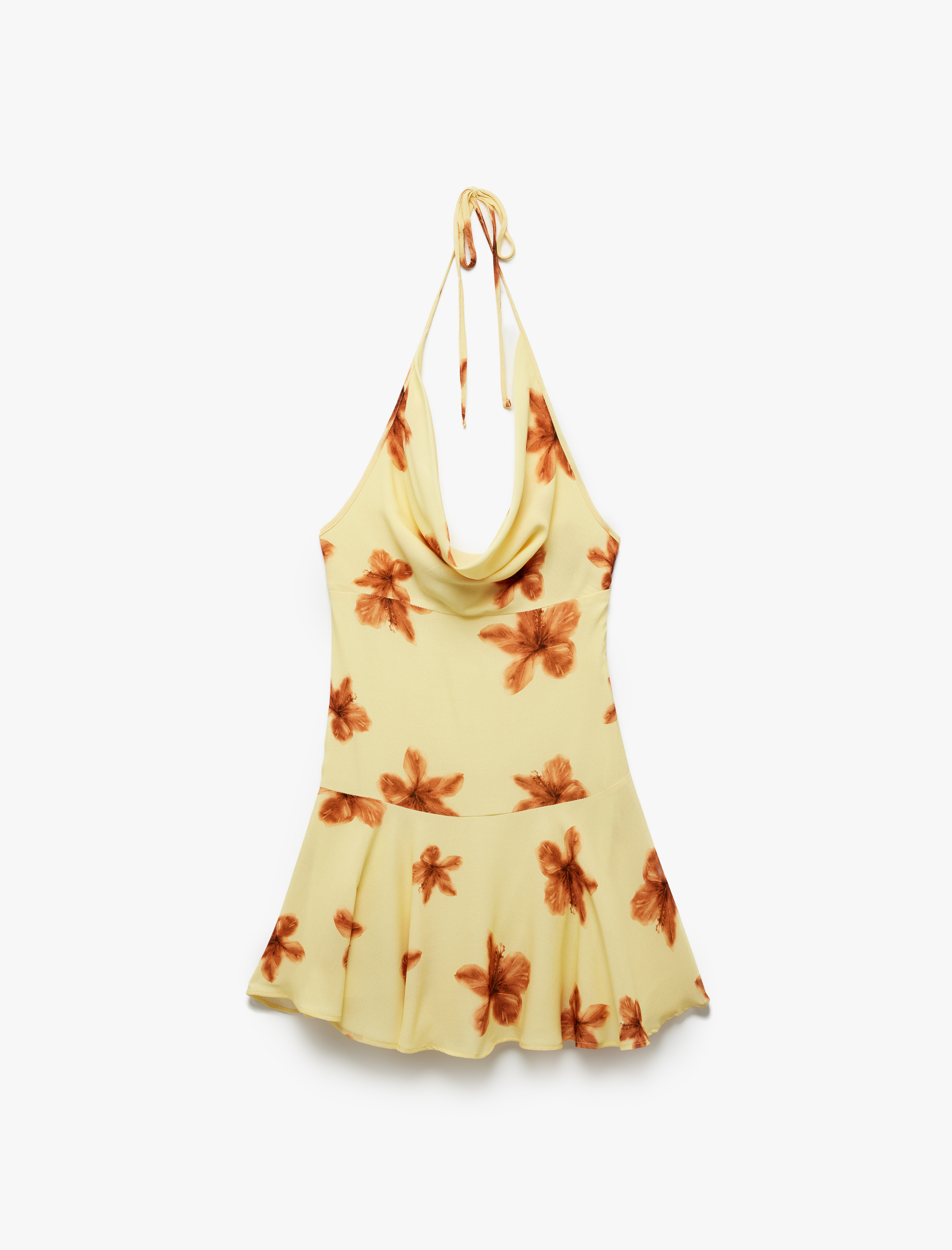   Viskon Degaje Yaka Çiçekli Boyundan Bağlamalı Volanlı Kloş Mini Elbise