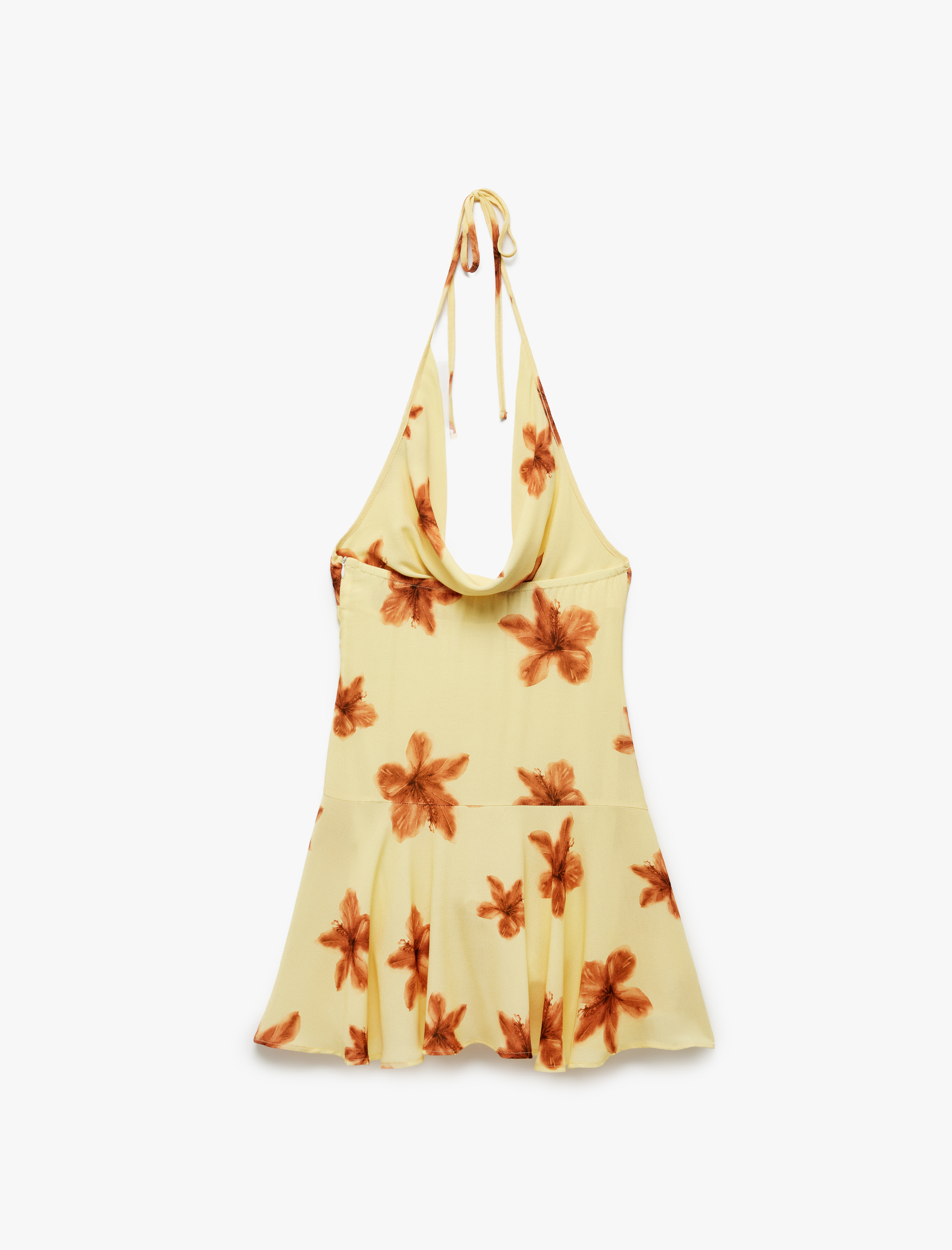   Viskon Degaje Yaka Çiçekli Boyundan Bağlamalı Volanlı Kloş Mini Elbise