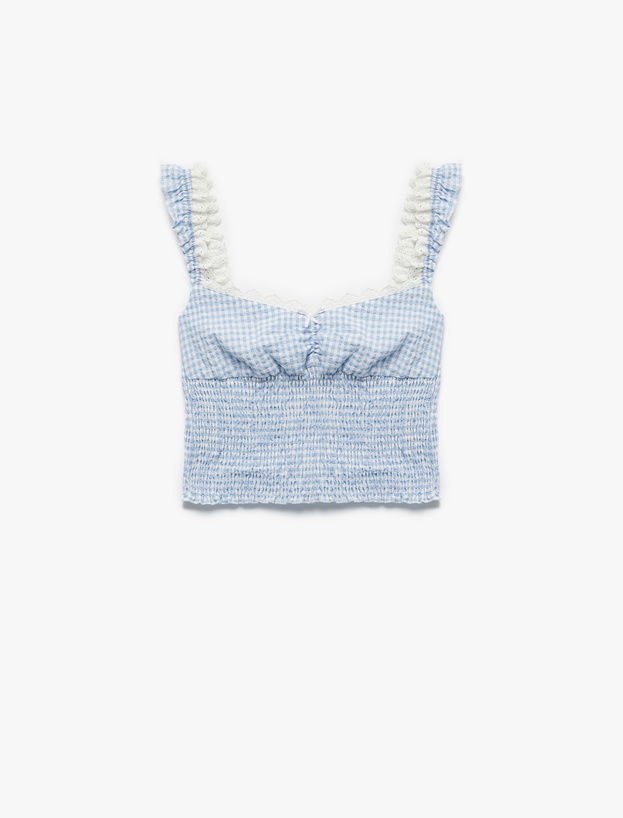Koton X İnji - Dantelli Balerin Yaka Gipeli Pötikareli Kolsuz Crop Bluz_3