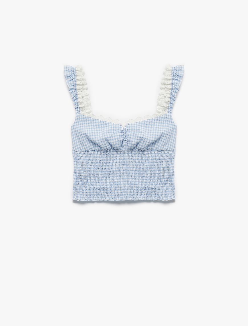   Koton X İnji - Dantelli Balerin Yaka Gipeli Pötikareli Kolsuz Crop Bluz