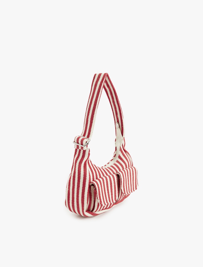 Kadın Cep Detaylı Fermuarlı Çizgili Ayarlanabilir Askılı Omuz Çantası