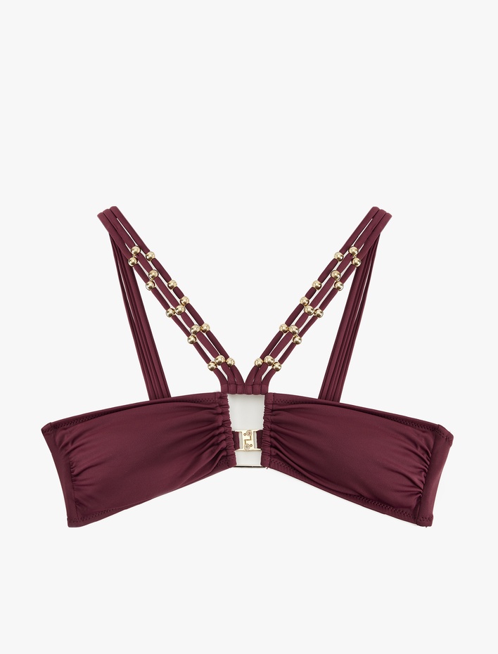  Pencere Detaylı Çapraz Askılı Boncuklu Bikini Üstü