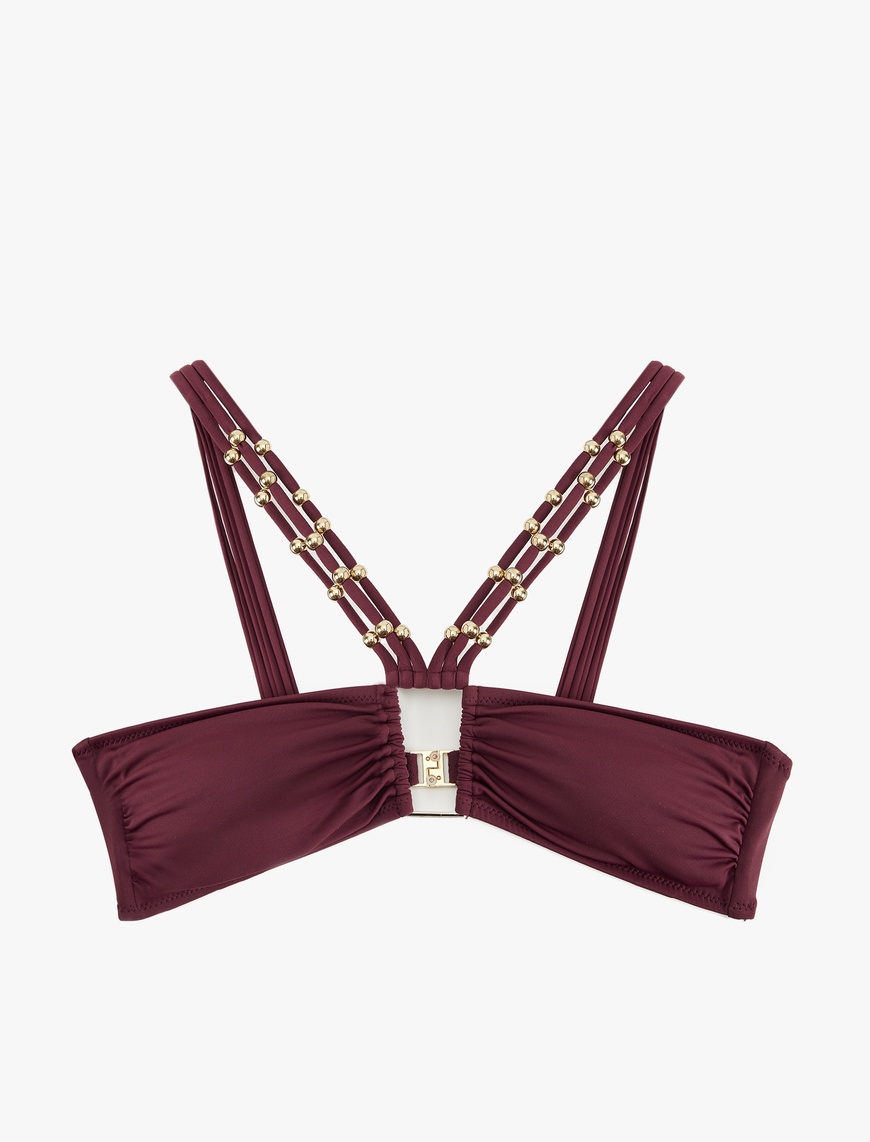   Pencere Detaylı Çapraz Askılı Boncuklu Bikini Üstü