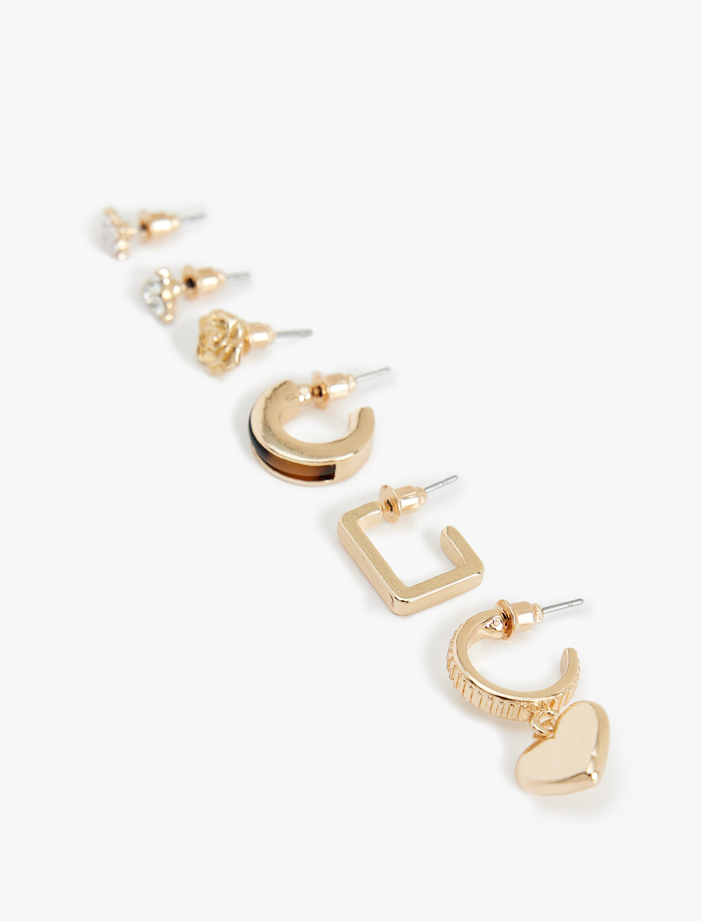  Kadın Taş Detaylı Kalpli 6'lı Top ve Halka Küpe Seti