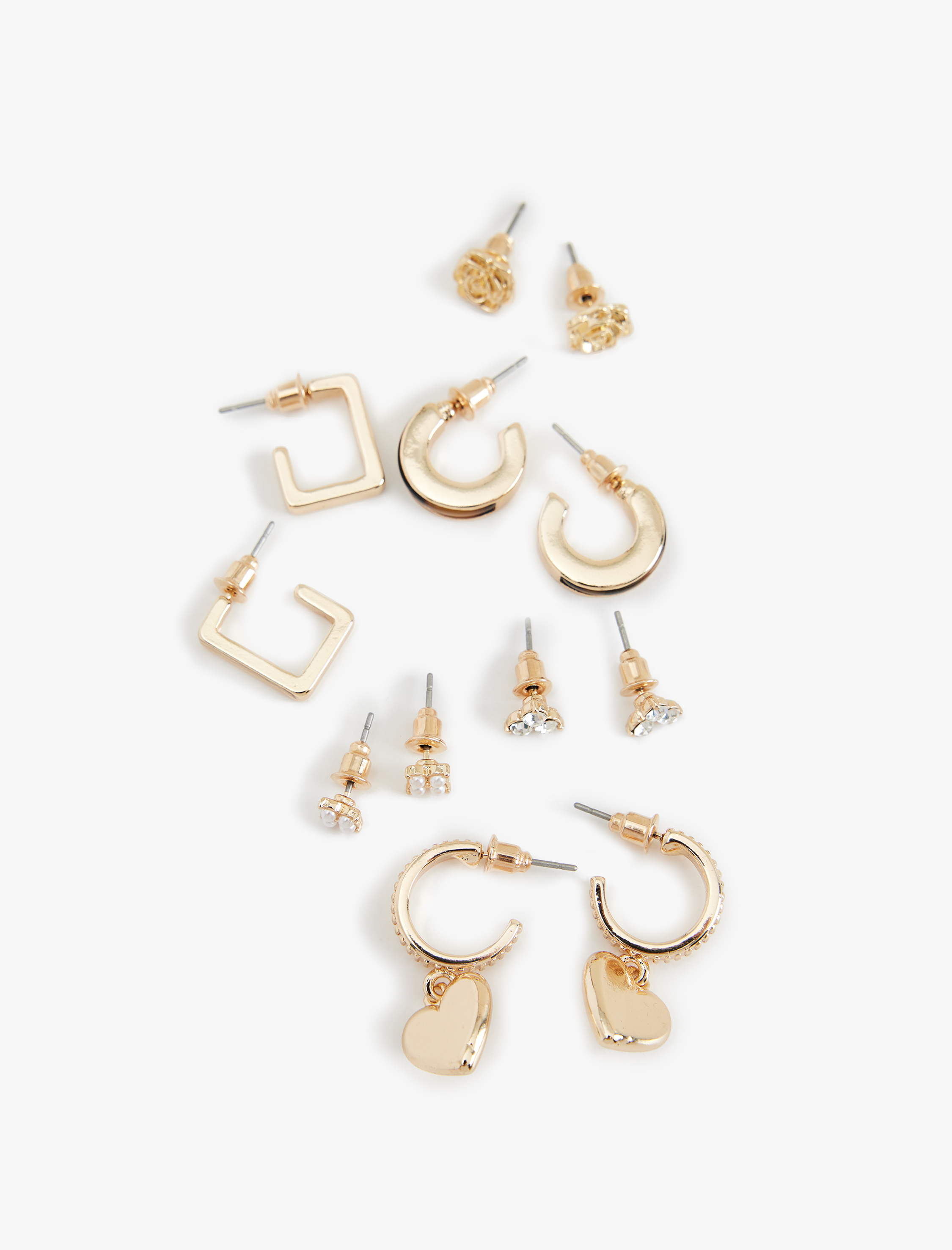  Kadın Taş Detaylı Kalpli 6'lı Top ve Halka Küpe Seti