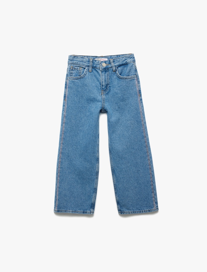 Kız Çocuk Pamuklu Cep Detaylı Geniş Paça Denim Pantolon