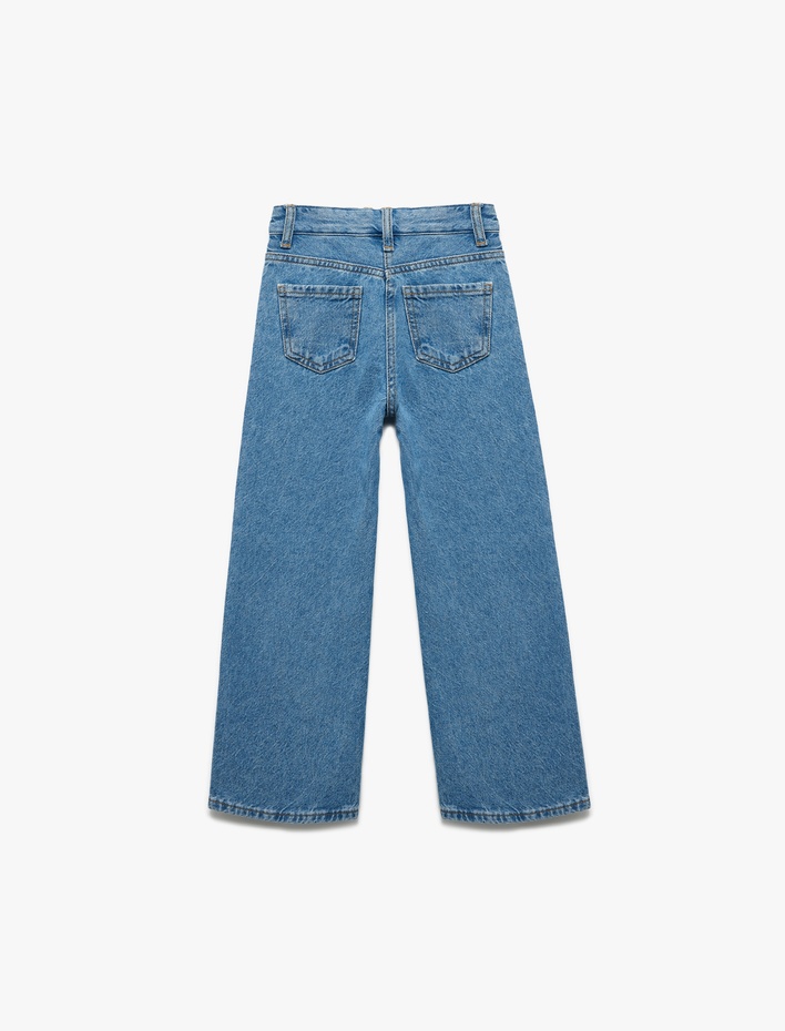 Kız Çocuk Pamuklu Cep Detaylı Geniş Paça Denim Pantolon