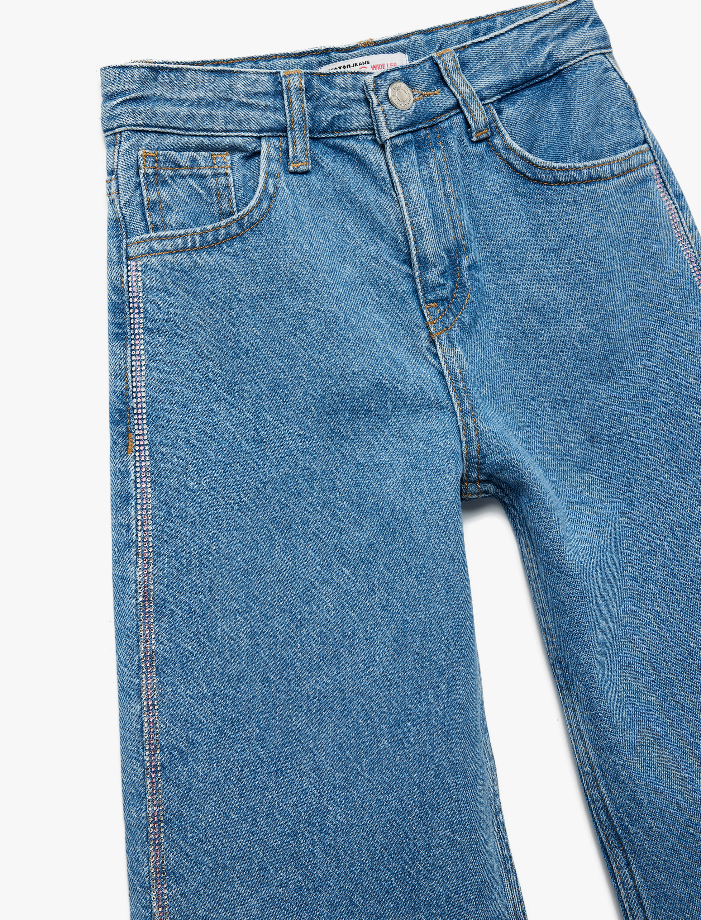  Kız Çocuk Pamuklu Cep Detaylı Geniş Paça Denim Pantolon