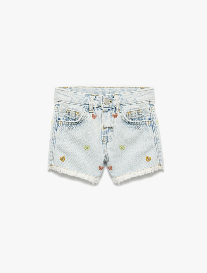 Kız Bebek Pamuklu Kesik Paça Kalp İşlemeli Mini Denim Şort