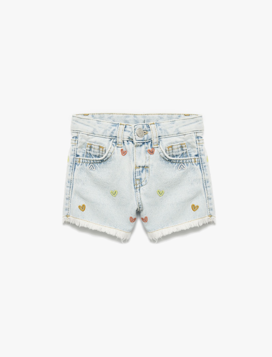  Kız Bebek Pamuklu Kesik Paça Kalp İşlemeli Mini Denim Şort