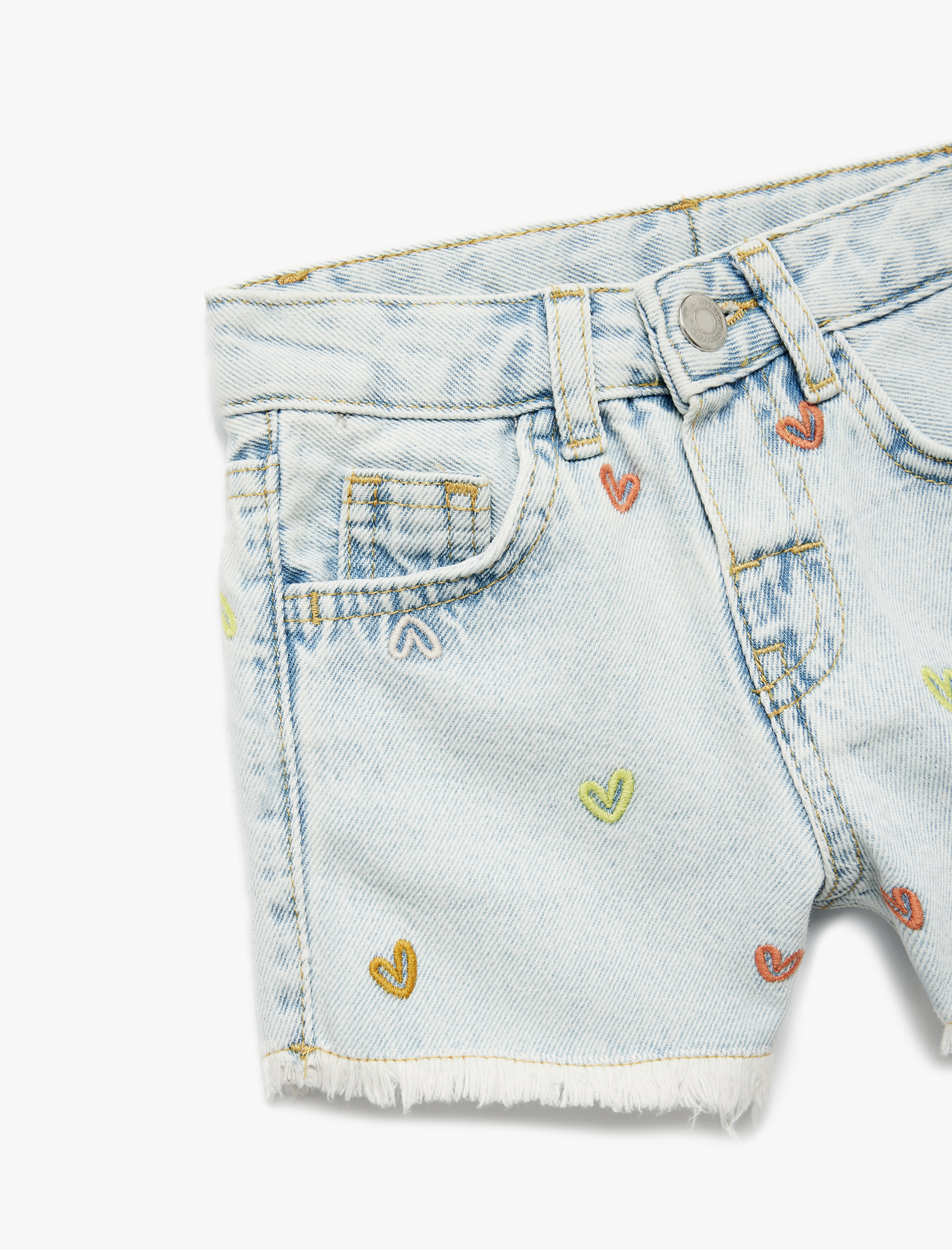  Kız Bebek Pamuklu Kesik Paça Kalp İşlemeli Mini Denim Şort