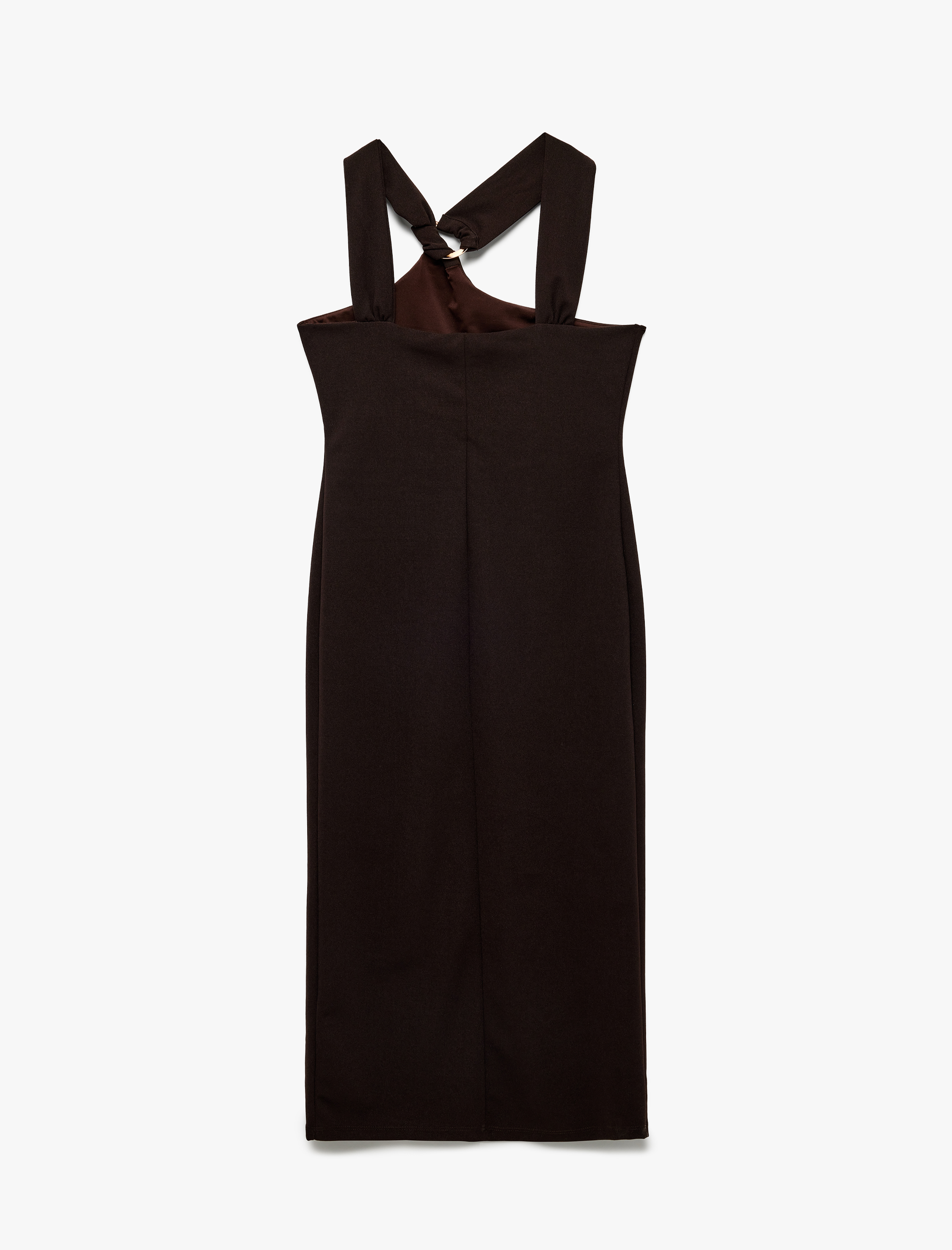   Krep Scuba Kumaş Asimetrik Yaka Pencere Detaylı Aksesuarlı Midi Tek Omuz Elbise