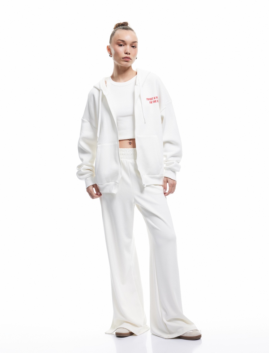   Şardonlu Fermuarlı Kapüşonlu Cep Detaylı Arkası Baskılı Oversize Sweatshirt