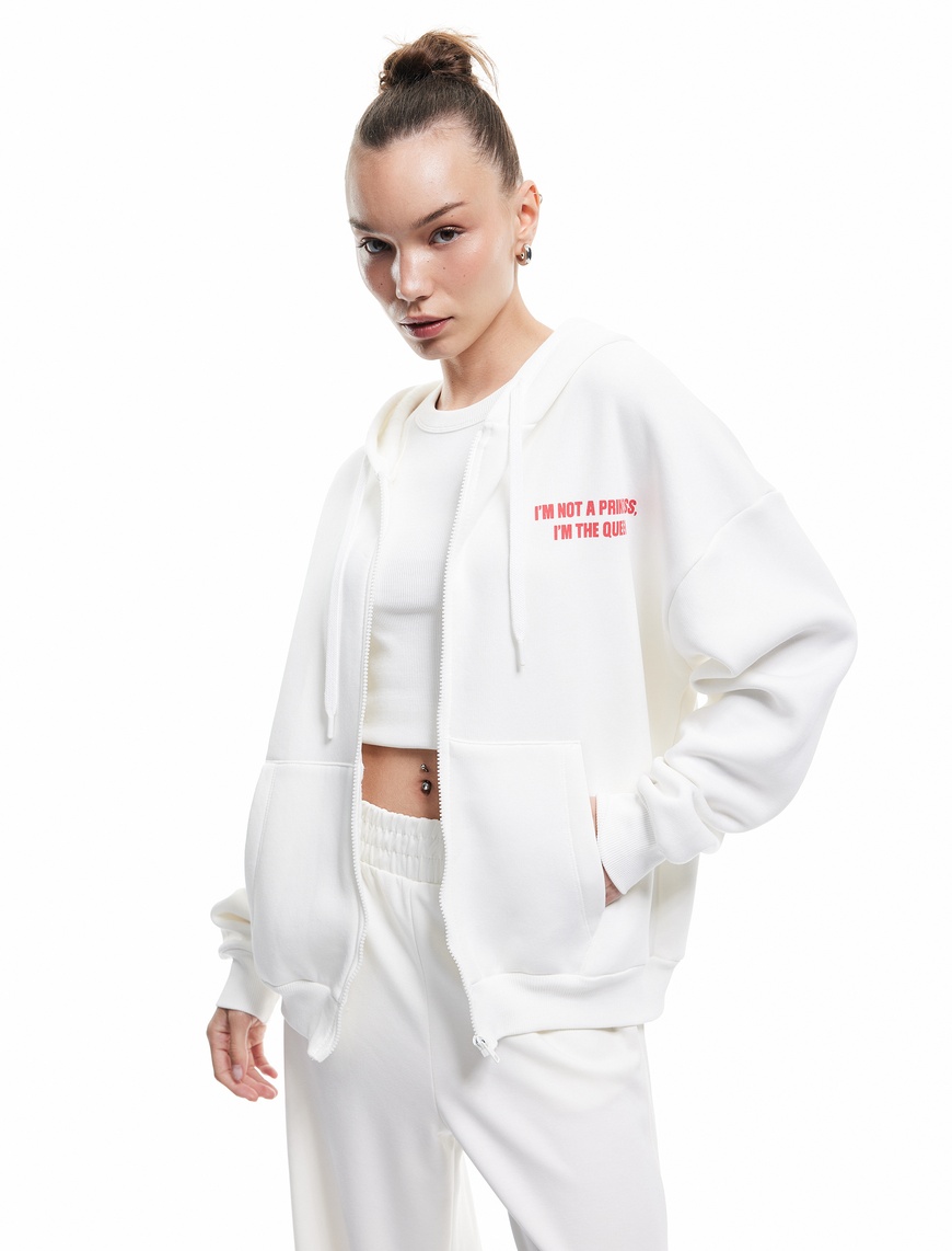   Şardonlu Fermuarlı Kapüşonlu Cep Detaylı Arkası Baskılı Oversize Sweatshirt