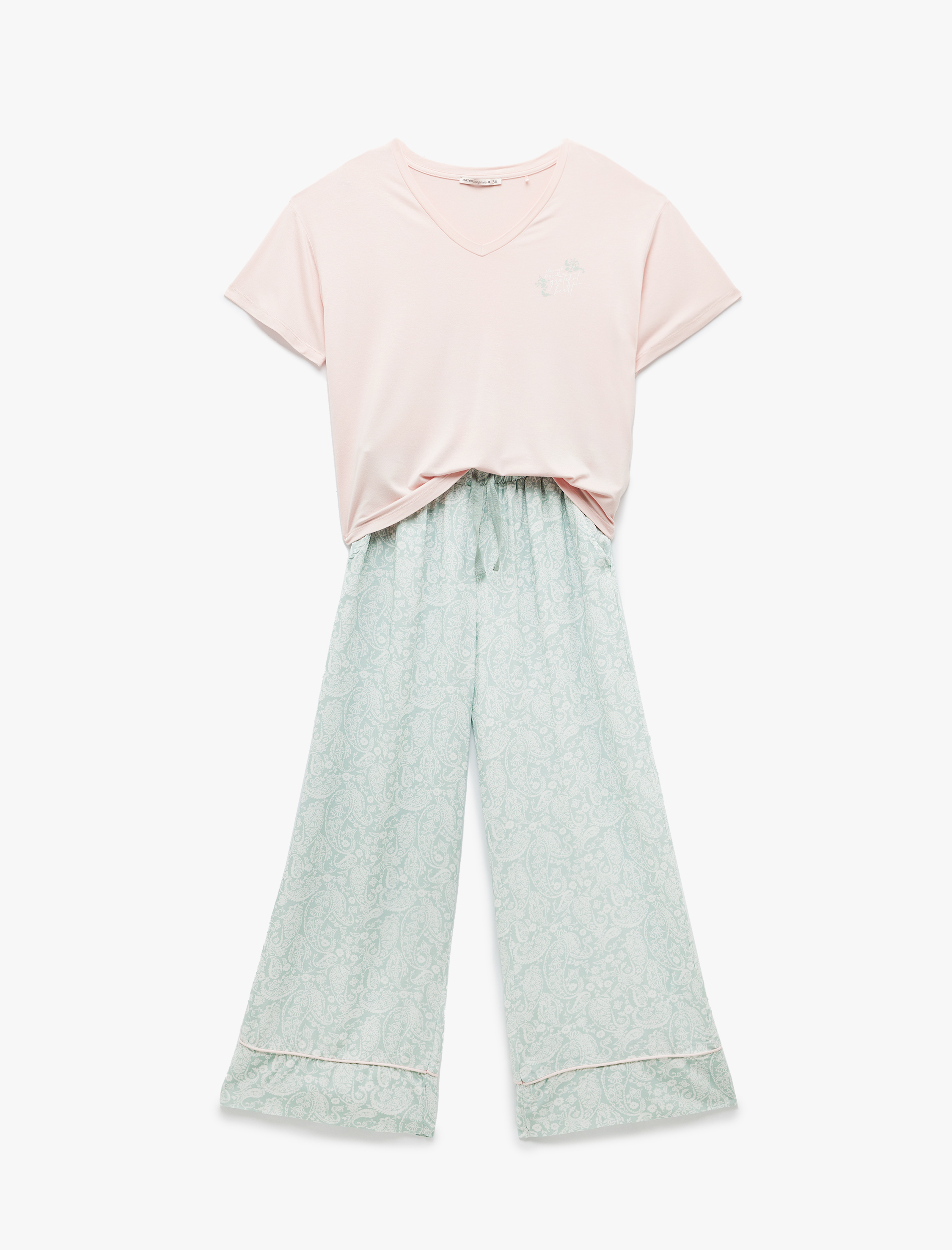   V Yaka Kısa Kollu Baskılı Bol Kalıp Viskon Dokuma Pijama Takımı