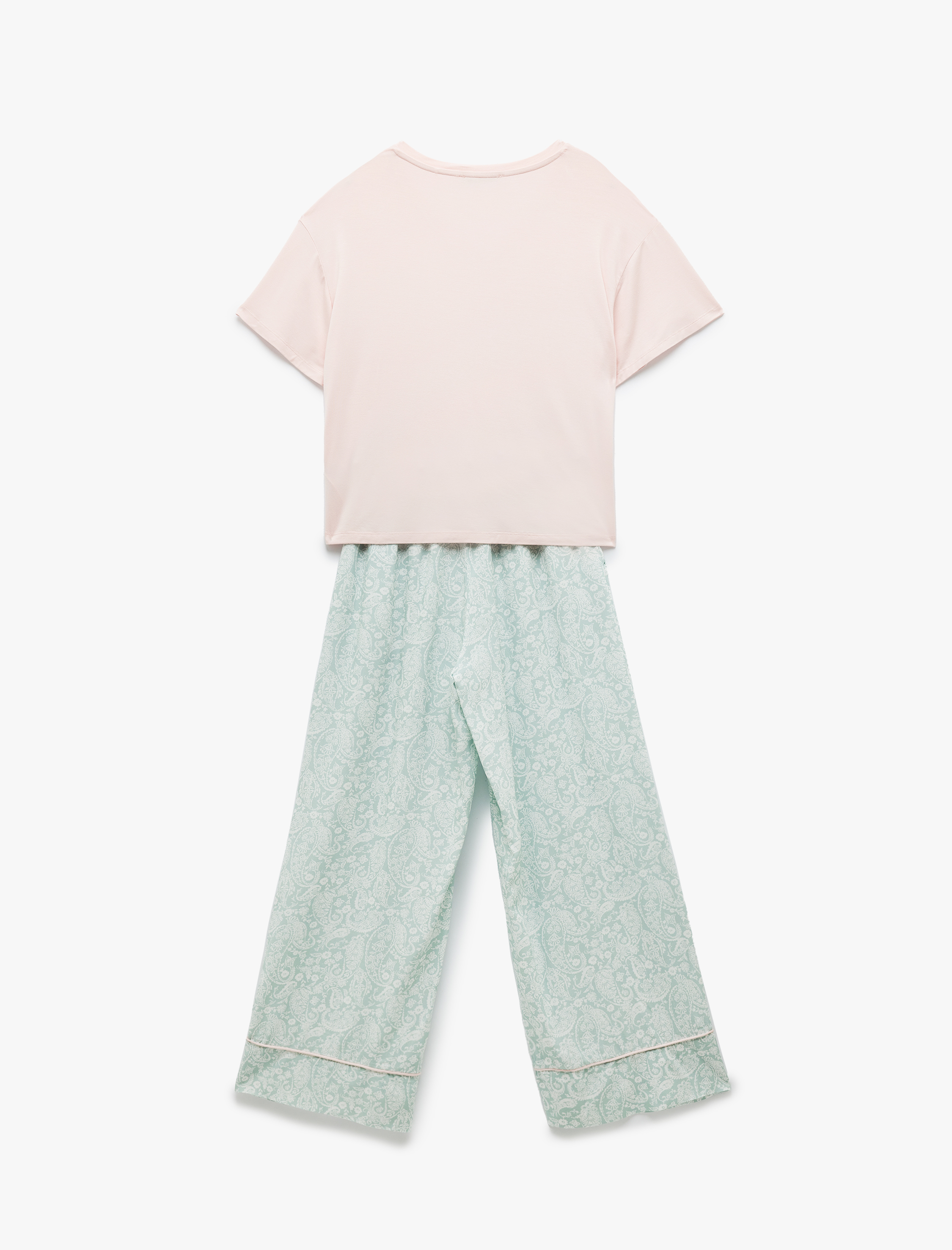   V Yaka Kısa Kollu Baskılı Bol Kalıp Viskon Dokuma Pijama Takımı