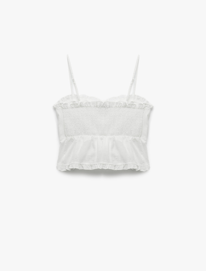   Koton X Sibil Çetinkaya - Pamuklu Dantel Detaylı Fırfırlı İnce Askılı Crop Bluz