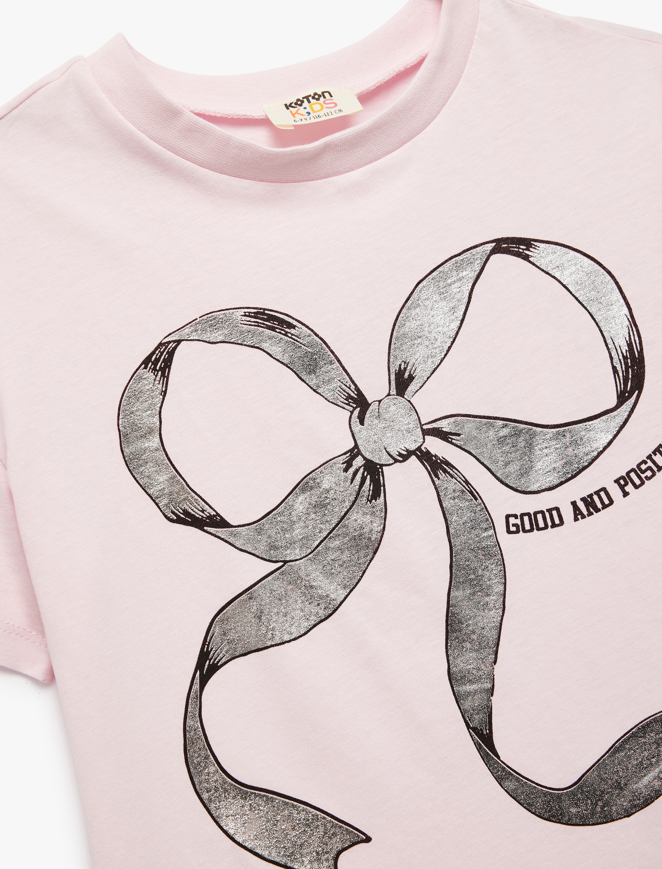  Kız Çocuk Pamuklu Fiyonk Baskılı Bisiklet Yaka Kısa Kollu Tişört