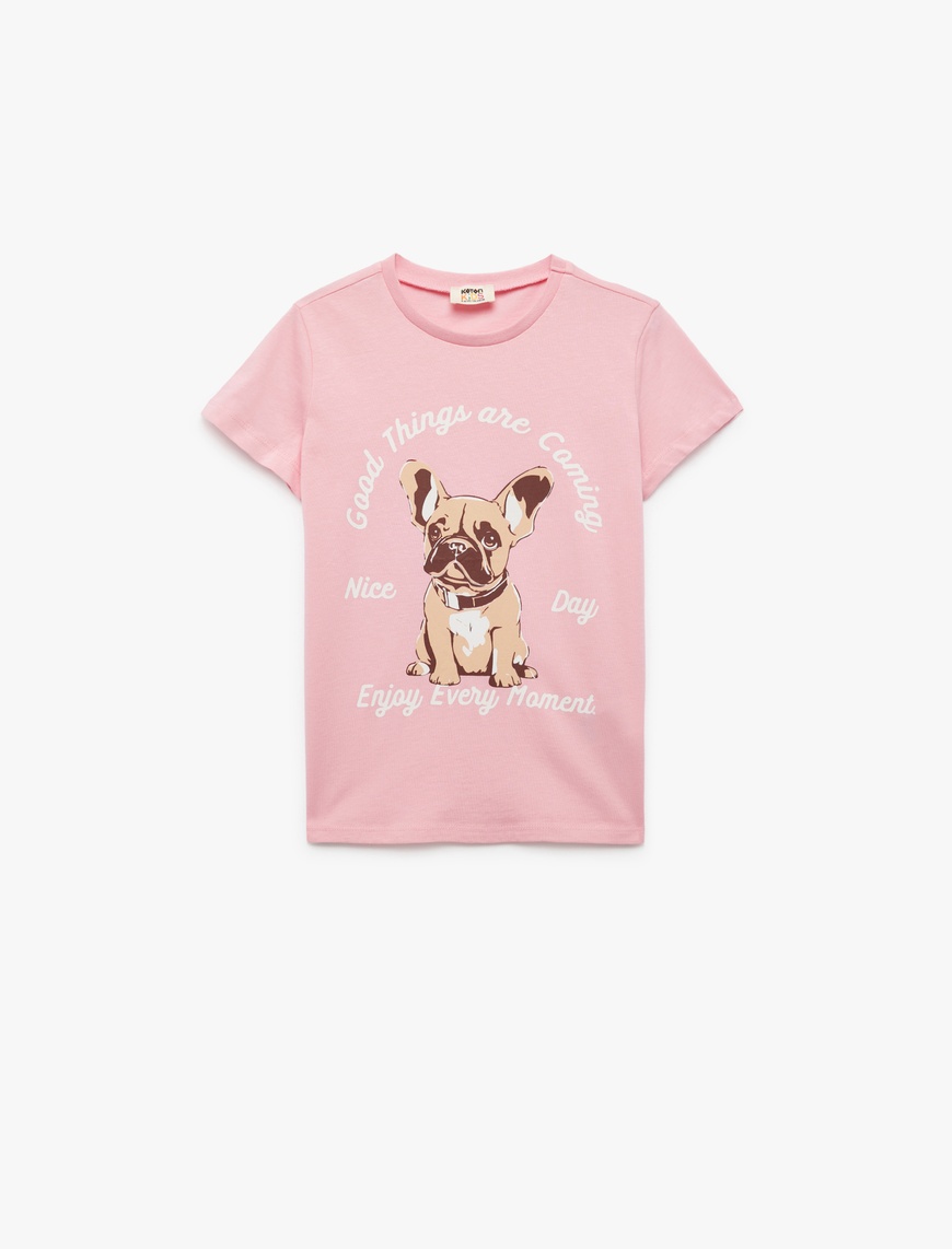  Kız Çocuk Bisiklet Yaka Pamuklu Köpek Baskılı Kısa Kollu Tişört