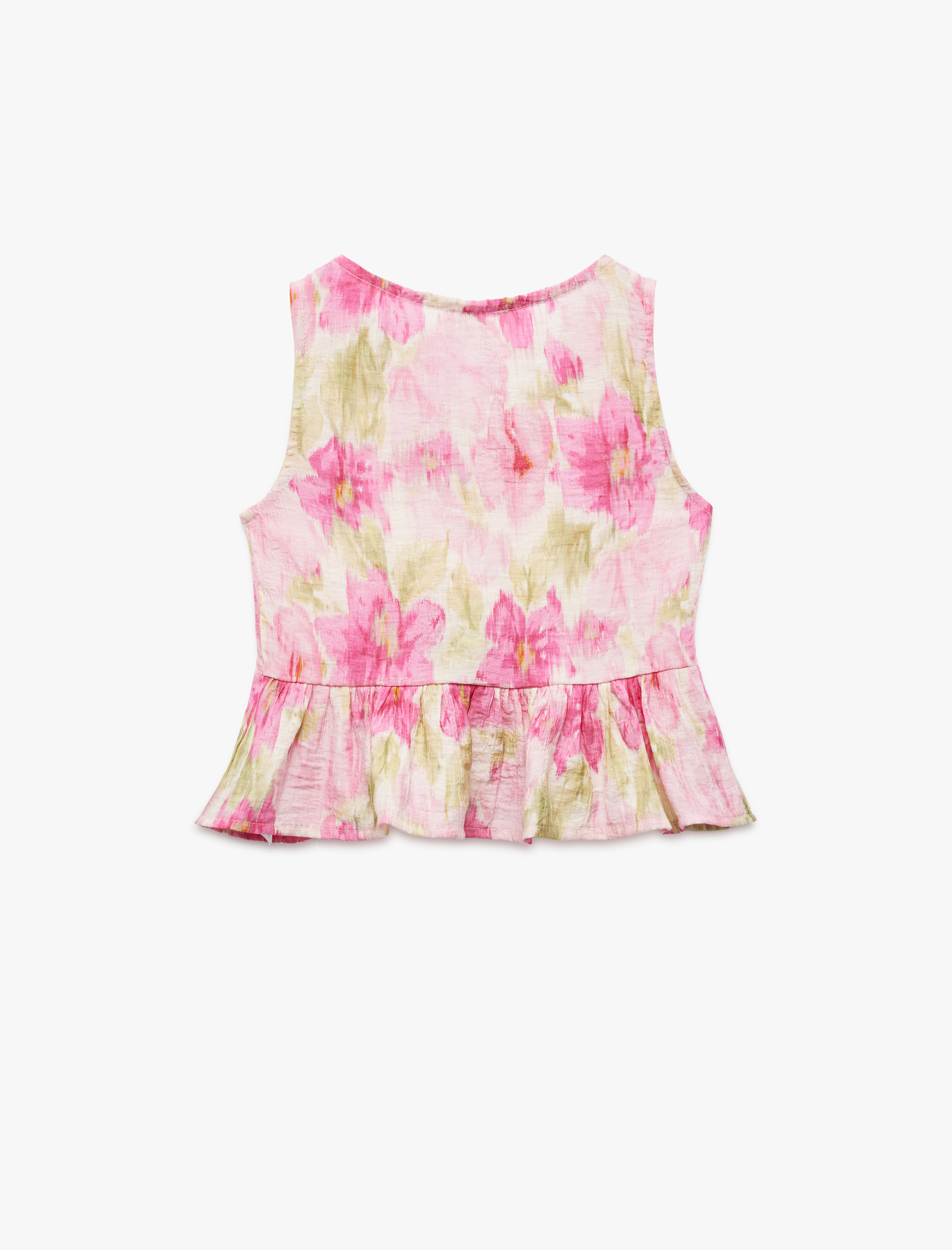  Kız Çocuk Viskon Kolsuz Bisiklet Yaka Çiçekli Fiyonklu Bluz