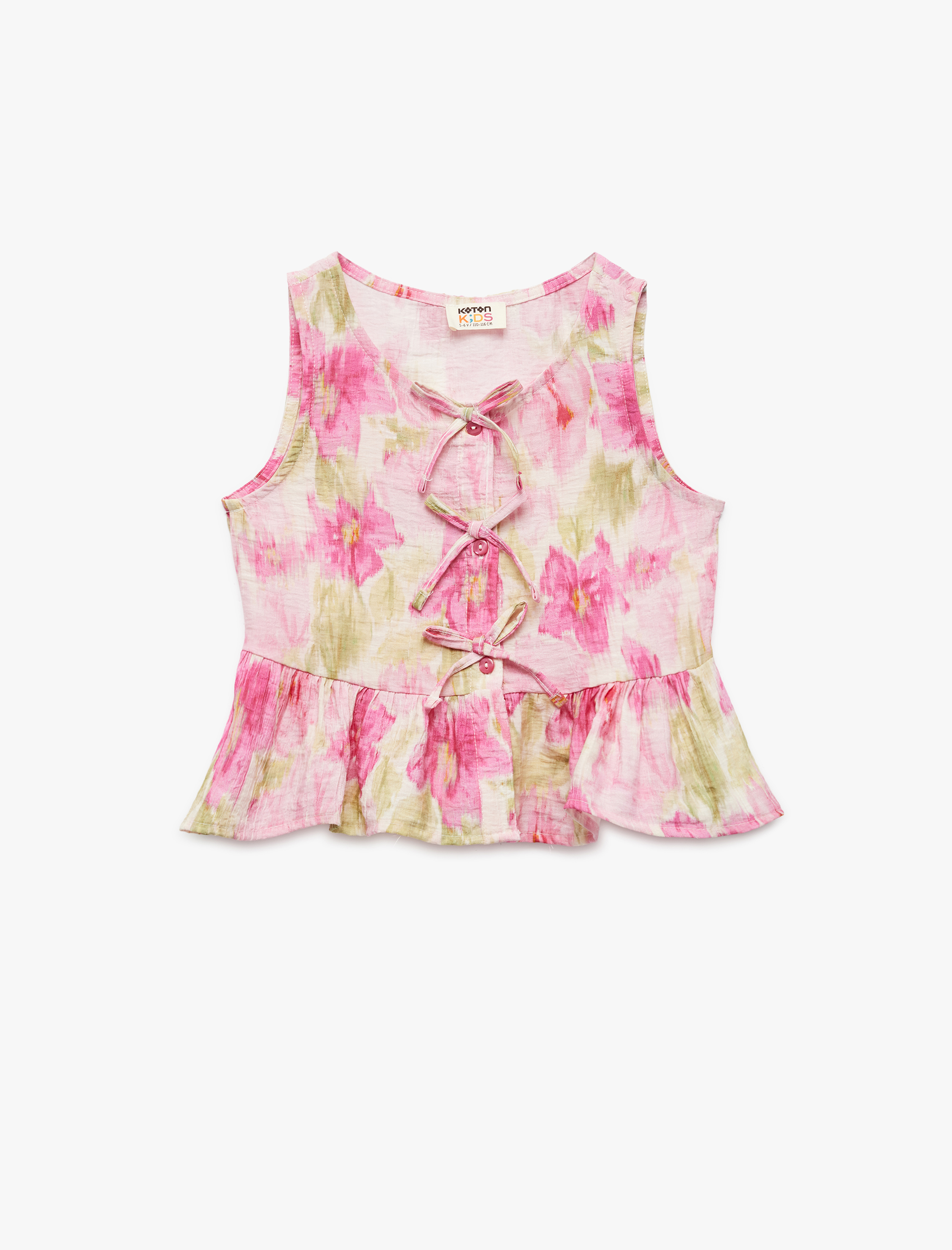  Kız Çocuk Viskon Kolsuz Bisiklet Yaka Çiçekli Fiyonklu Bluz