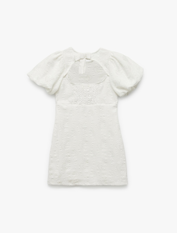 Kız Çocuk Kısa Balon Kollu Dokulu Bisiklet Yaka A Kesim Mini Elbise