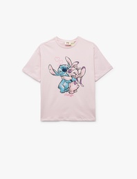 Pamuklu Lisanslı Stitch Baskılı Bisiklet Yaka Kısa Kollu Tişört
