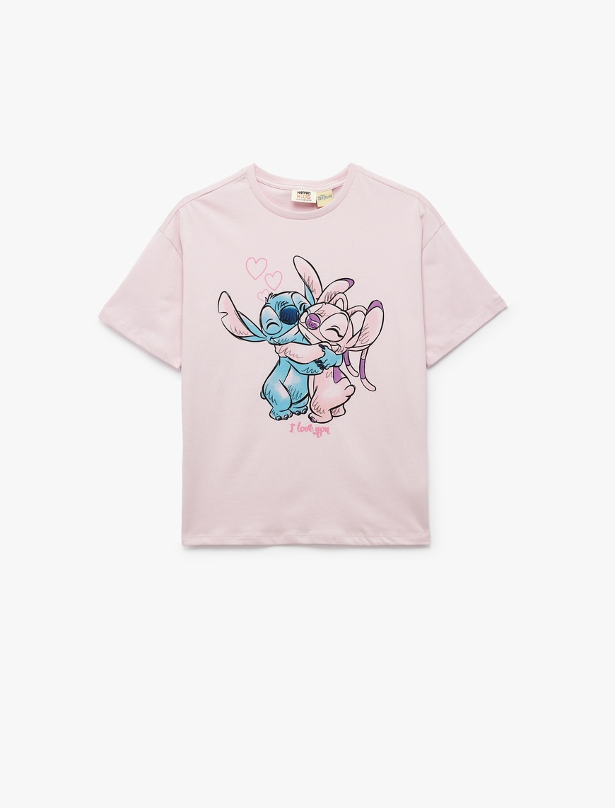  Kız Çocuk Pamuklu Lisanslı Stitch Baskılı Bisiklet Yaka Kısa Kollu Tişört