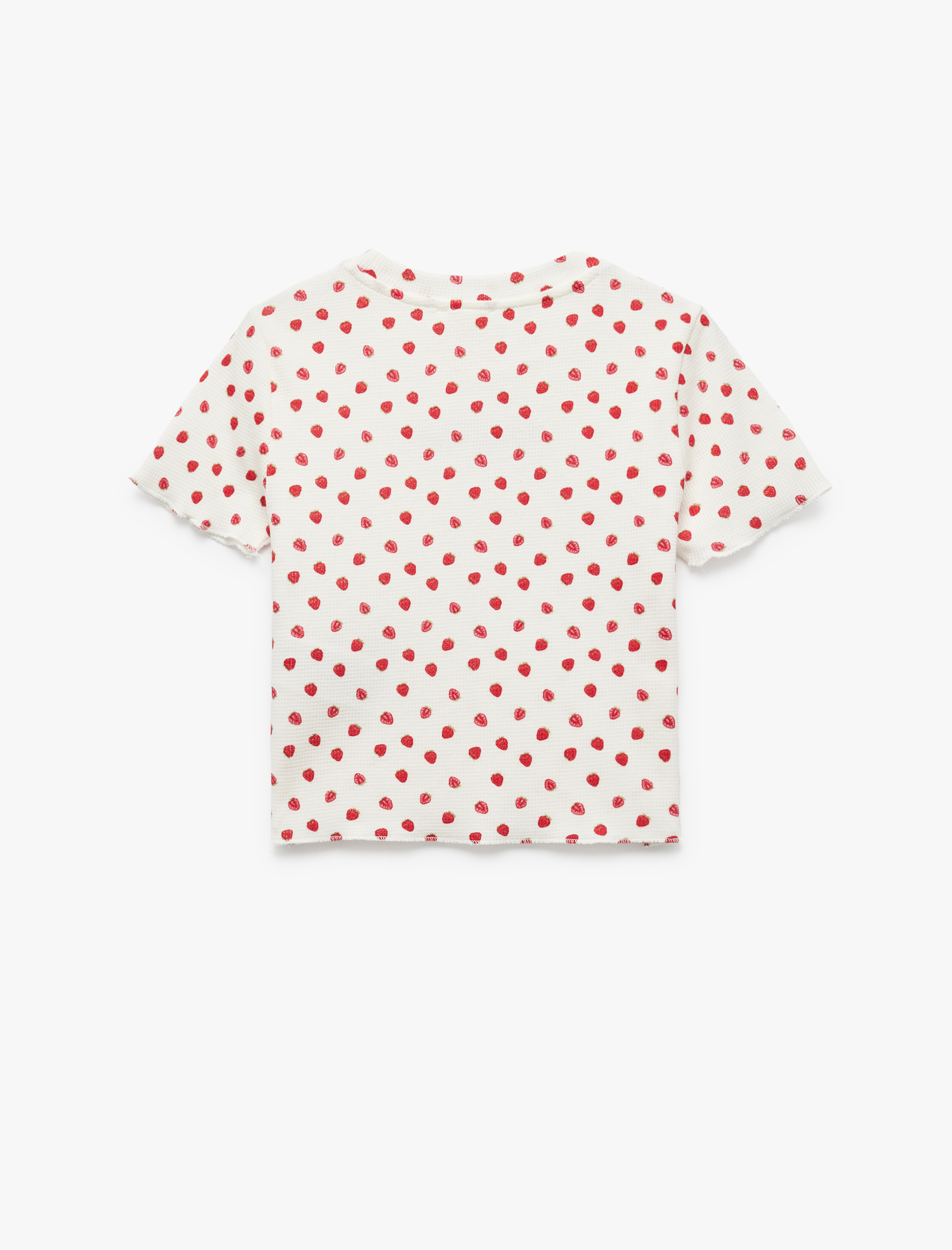  Kız Çocuk Pamuklu Nakış Detaylı Çilek Baskılı Dar Kalıp Bisiklet Yaka Kısa Kollu Crop Tişört