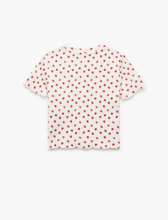 Kız Çocuk Pamuklu Nakış Detaylı Çilek Baskılı Dar Kalıp Bisiklet Yaka Kısa Kollu Crop Tişört