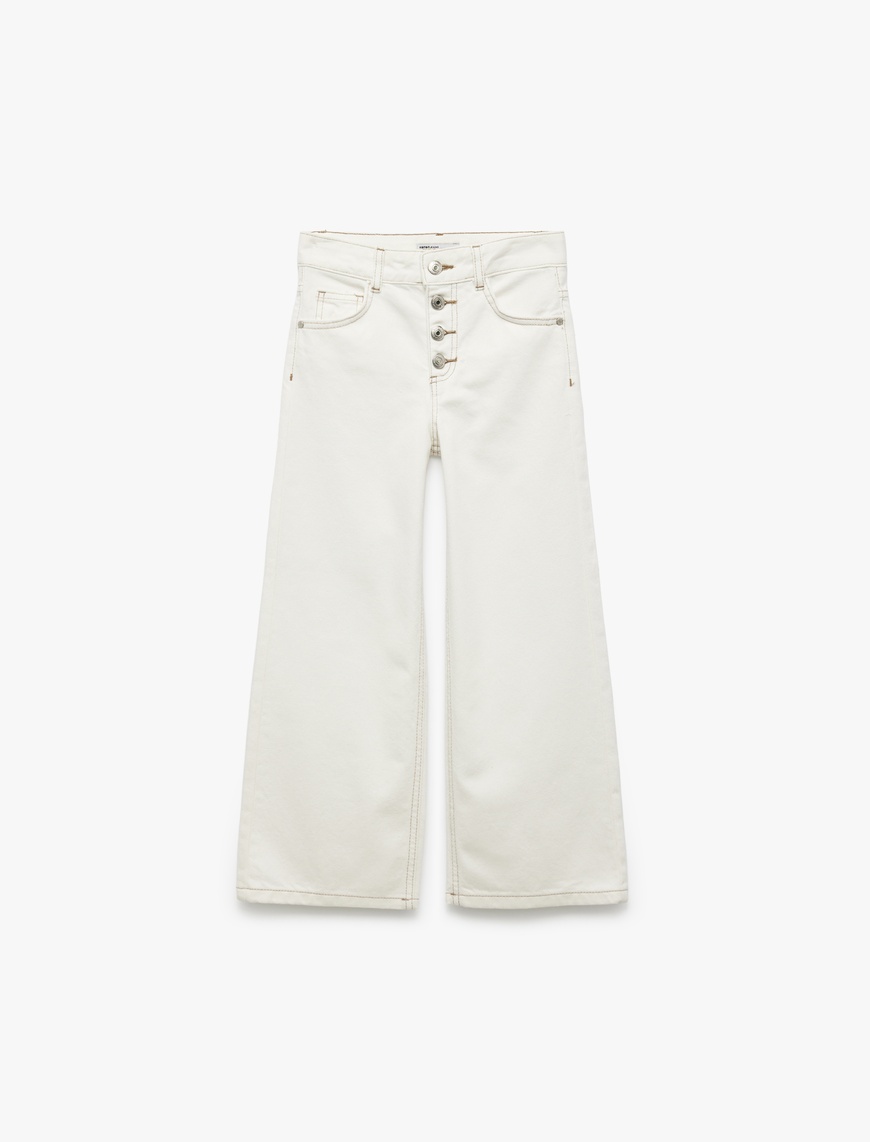  Kız Çocuk Pamuklu Rahat Kesim Düğmeli Geniş Paça Denim Pantolon