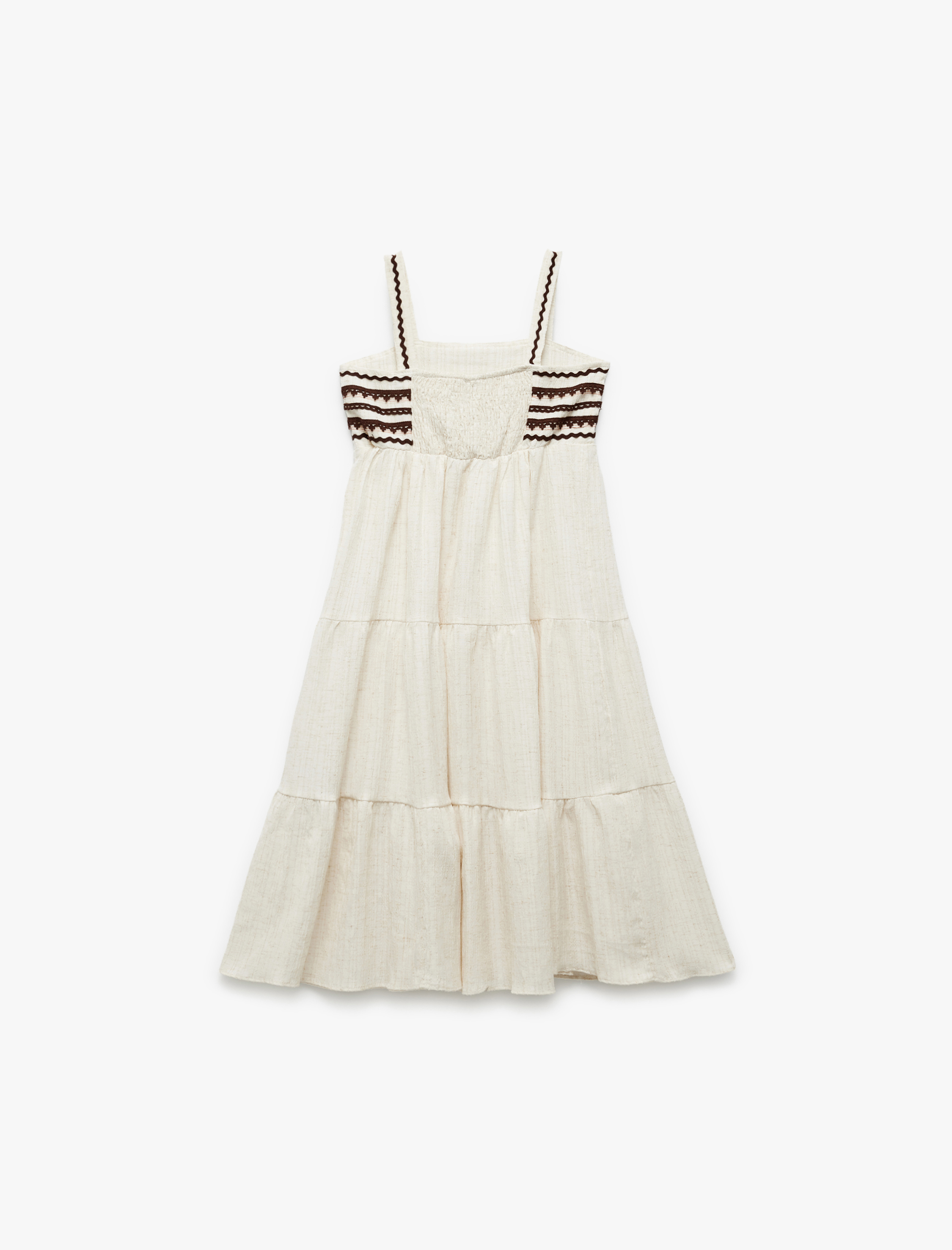  Kız Çocuk Viskon Keten Karışımlı Bol Kalıp Katlı Kare Yaka Askılı Uzun Elbise