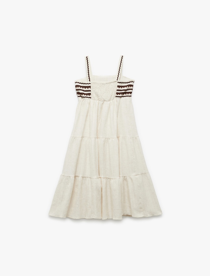 Kız Çocuk Viskon Keten Karışımlı Bol Kalıp Katlı Kare Yaka Askılı Uzun Elbise