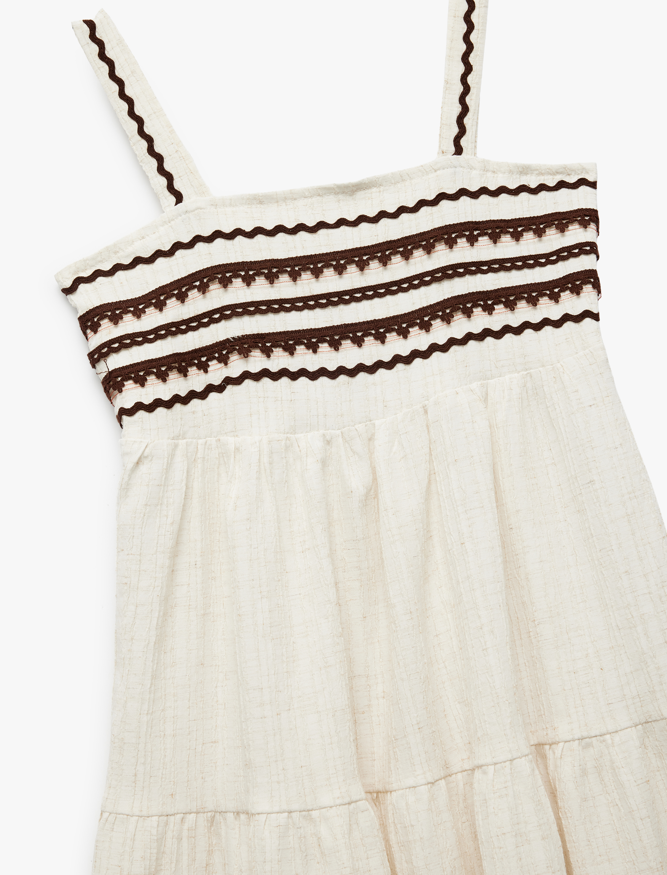  Kız Çocuk Viskon Keten Karışımlı Bol Kalıp Katlı Kare Yaka Askılı Uzun Elbise