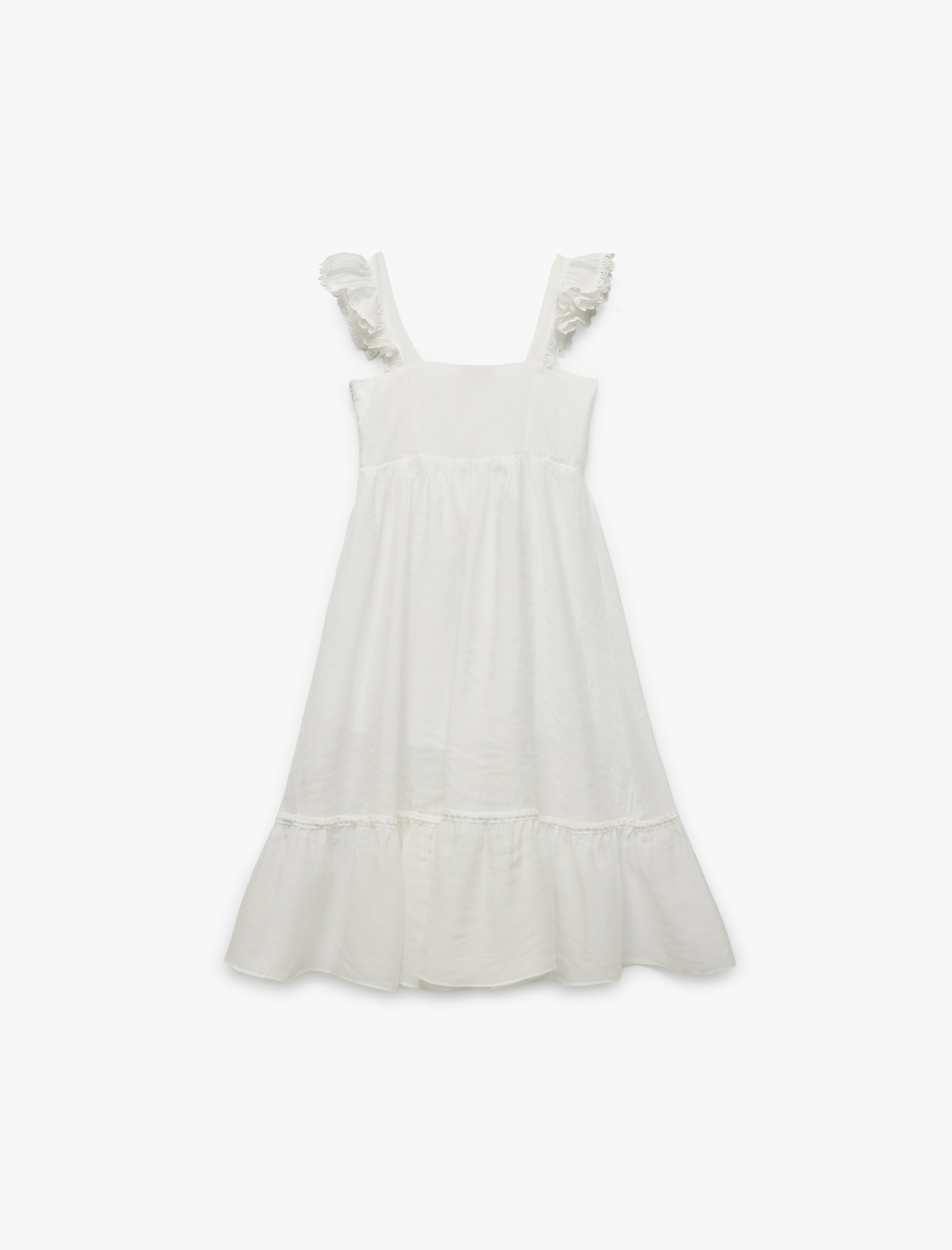  Kız Çocuk Kare Yaka Katmanlı İşleme Detaylı Uzun Askılı Elbise