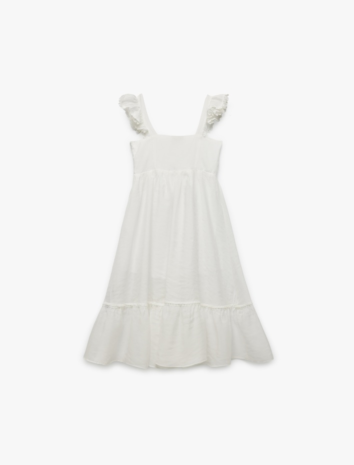 Kız Çocuk Kare Yaka Katmanlı İşleme Detaylı Uzun Askılı Elbise