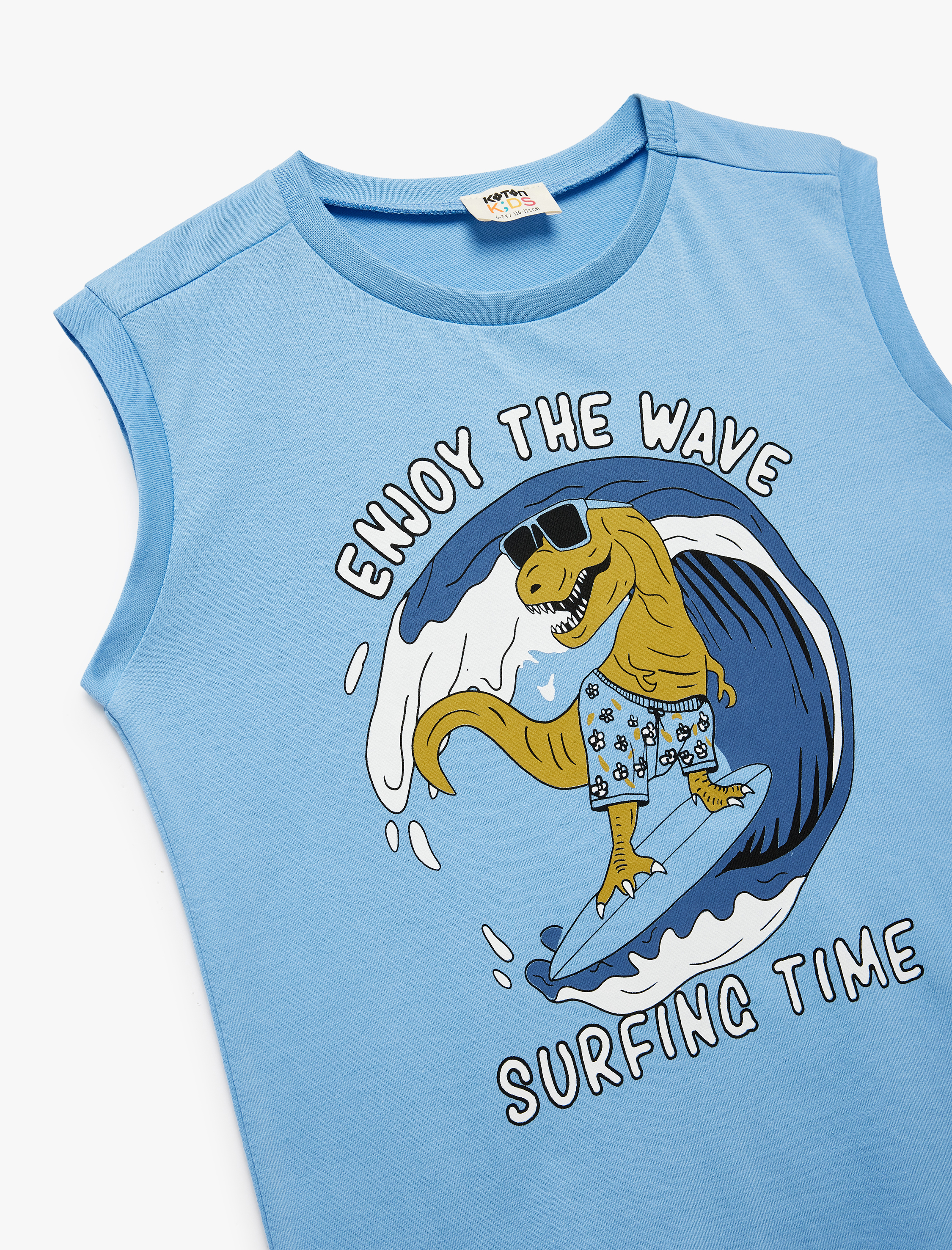  Erkek Çocuk Pamuklu Kolsuz Bisiklet Yaka Dinozor Baskılı Sıfır Kol Tişört